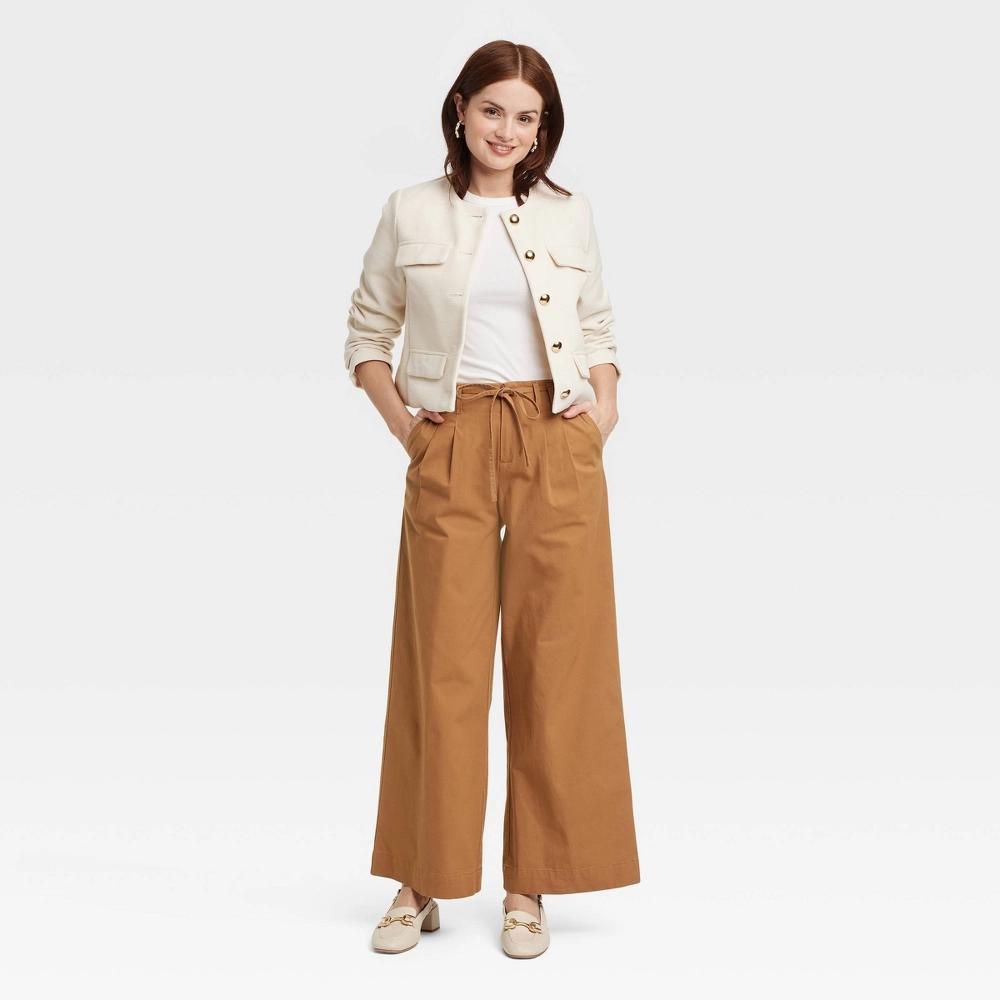 Women's High-Rise Wide Leg Chino Pants - A New Day™ Brown 6: Midweight, Side Pocket, Power Stretch Product Image