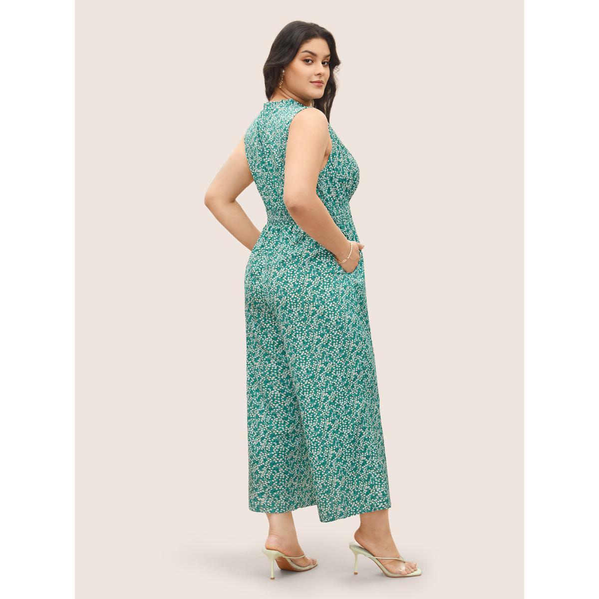 Plus Size Emerald Ditsy Floral Mock Neck Shirred Jumpsuit Women Elegant Sleeveless Mock Neck Everyday Loose Jumpsuits BloomChic 30/6X Product Image