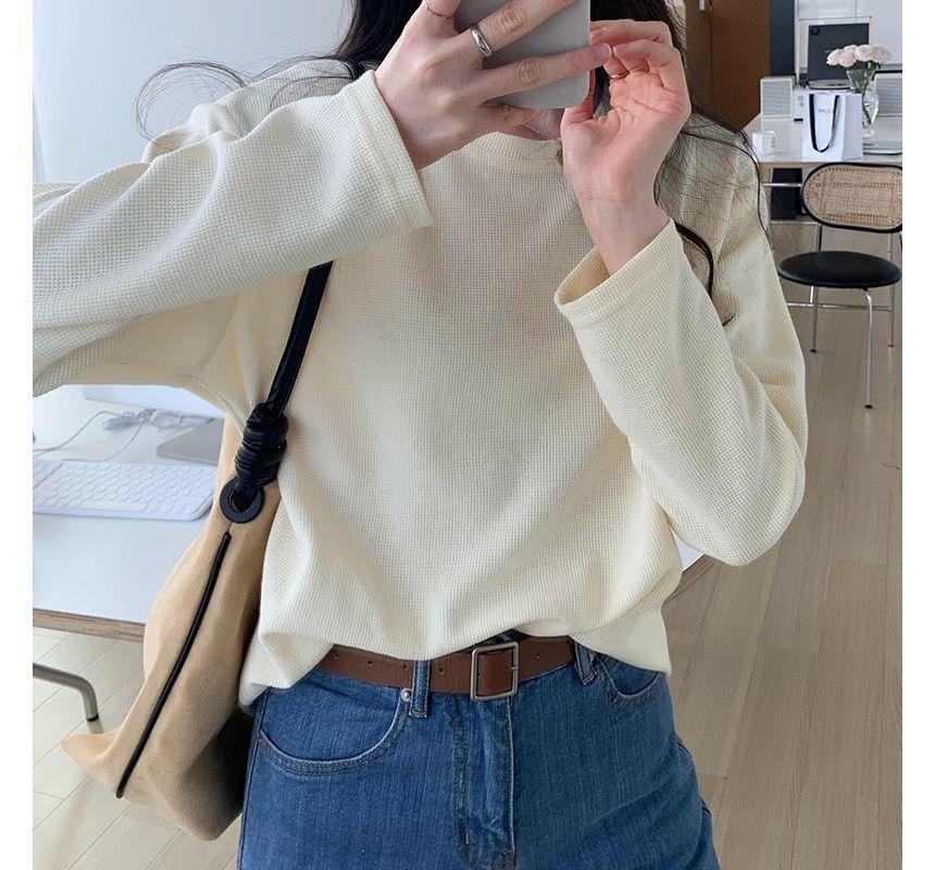Long-Sleeve Round Neck Plain Waffle Tee Product Image