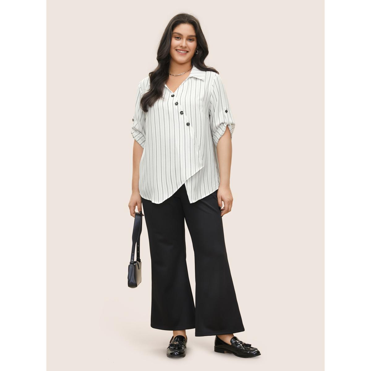 Plus Size White Striped Button Detail Asymmetrical Hem Blouse Women At the Office Elbow-length sleeve Shirt collar Work Blouses BloomChic 28/5X Product Image