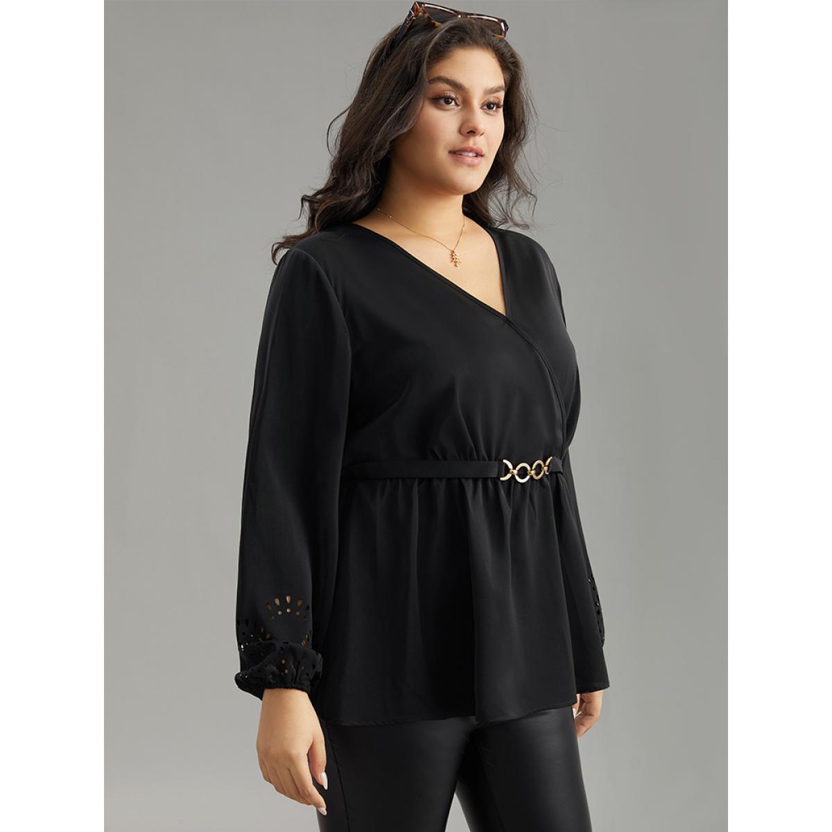 Plus Size Black Plain Elastic Waist Buckle Detail Wrap Blouse Women Office Long Sleeve V-neck Work Blouses BloomChic 10/M Product Image