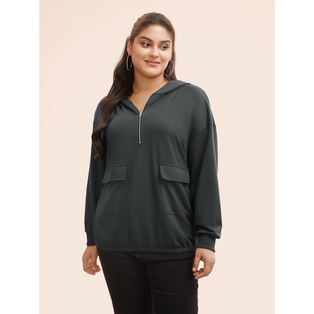 Plus Size Half Zip Hooded Pocket Sweatshirt Women DimGray Casual Patchwork Hooded Everyday Sweatshirts BloomChic 18-20/2X Product Image
