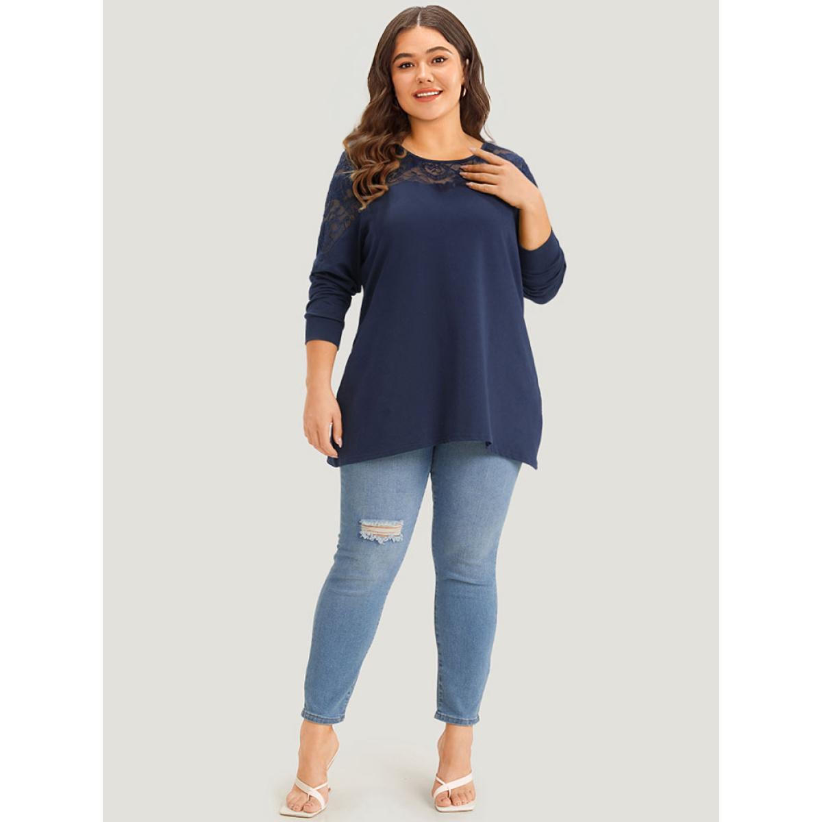 Plus Size Silhouette Floral Lace Mesh Patchwork Elastic Cuffs Sweatshirt Women Indigo Elegant Elastic cuffs Round Neck Dailywear Sweatshirts BloomChic 10/M Product Image