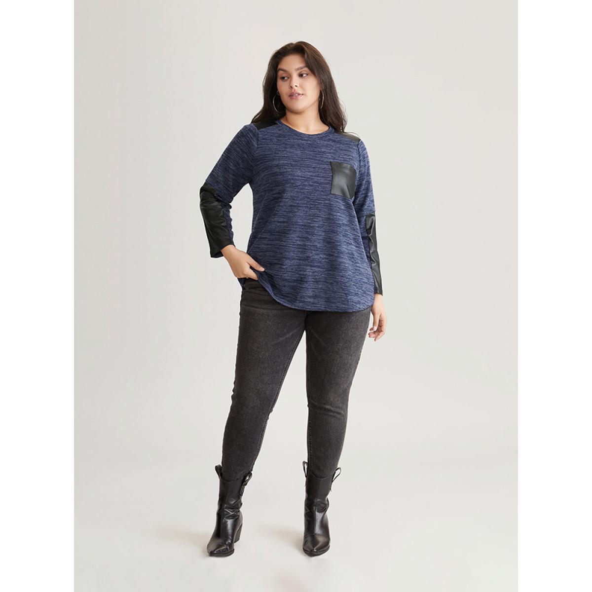 Plus Size Patchwork Heather Contrast Patched Pocket T-shirt Indigo Women Casual Contrast Plain Round Neck Dailywear T-shirts BloomChic 10/M Product Image
