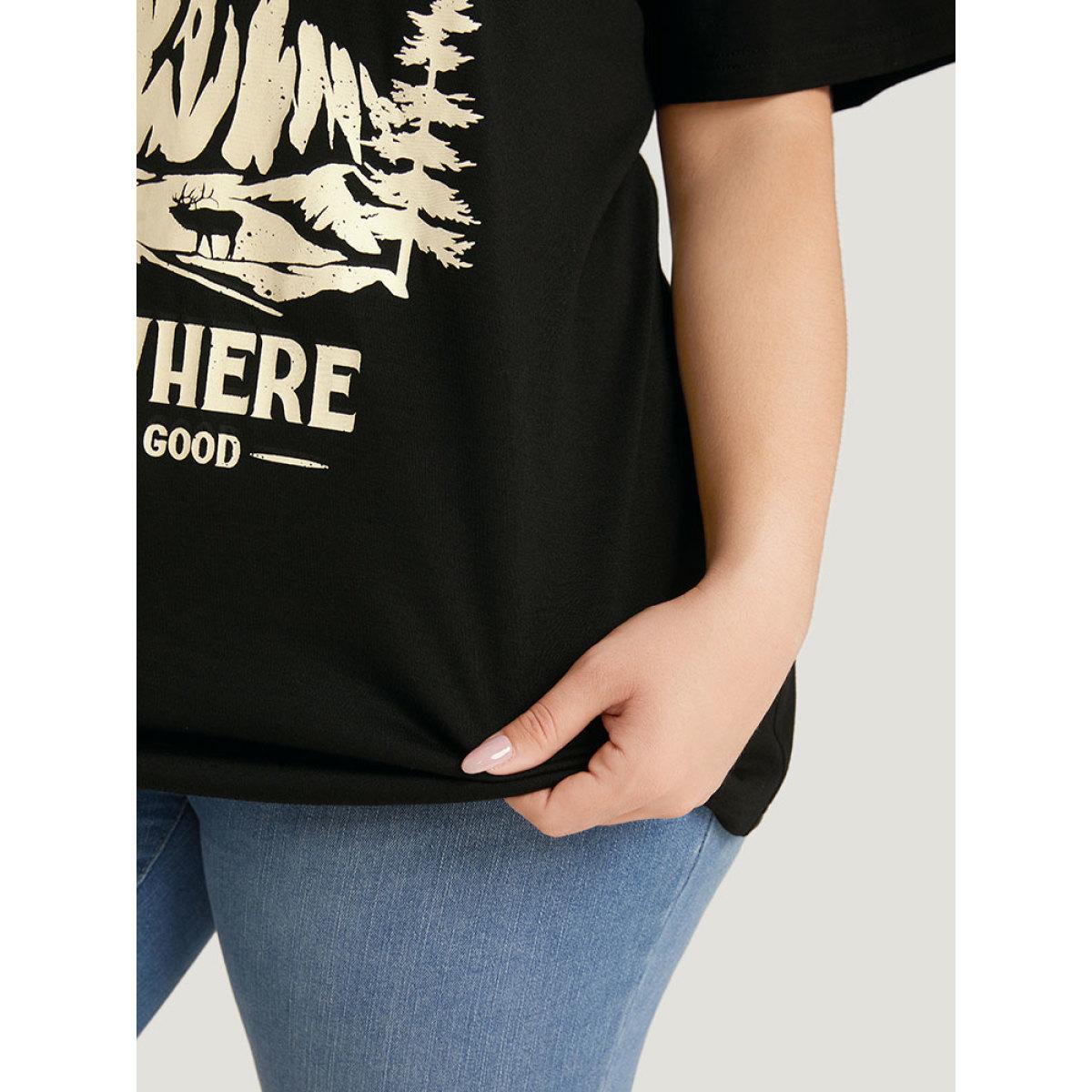 Plus Size Landscape & Letter Print V Neck T-shirt Black Women Casual Printed Landscape Dailywear T-shirts BloomChic 10/M Product Image