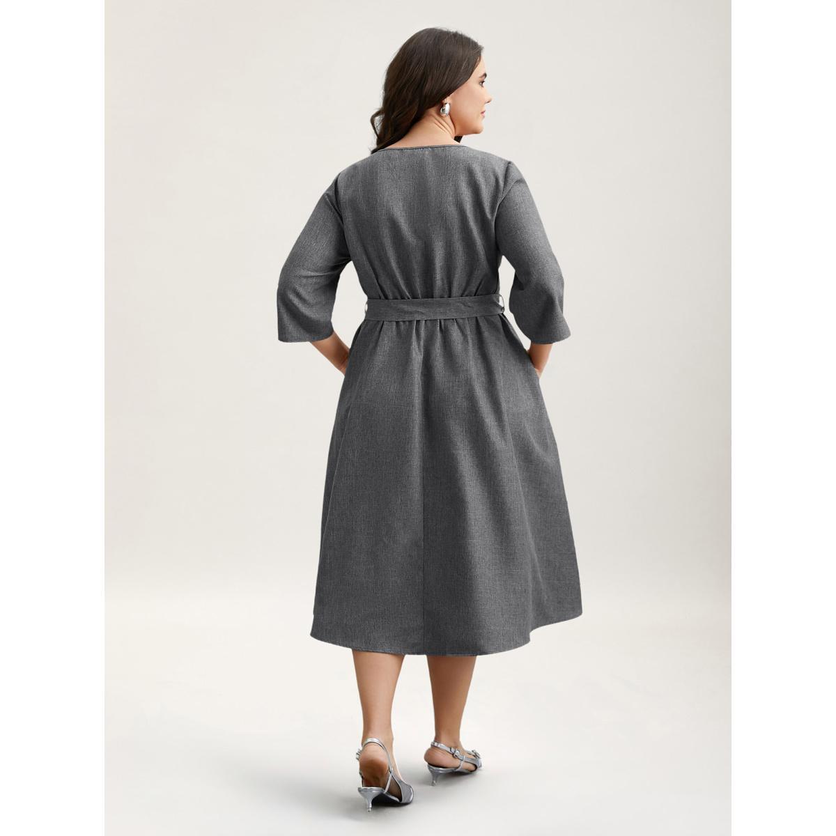 Plus Size Asymmetrical Neckline Belted Pockets Midi Dress DarkGray Women At the Office Belted Asymmetrical Neck Elbow-length sleeve Curvy BloomChic 14-16/1X Product Image