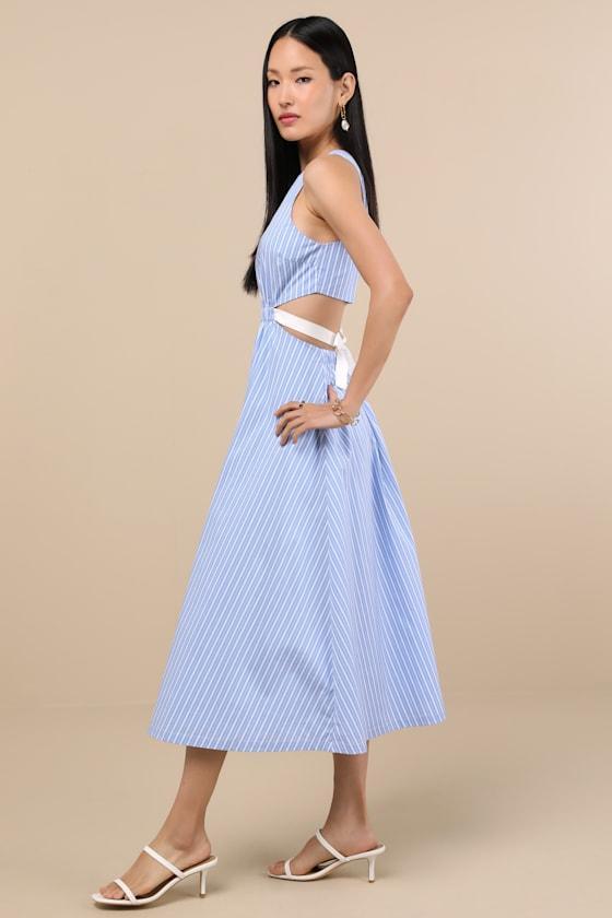 Kianne Blue Striped Cutout Tie-Back Midi Dress Product Image