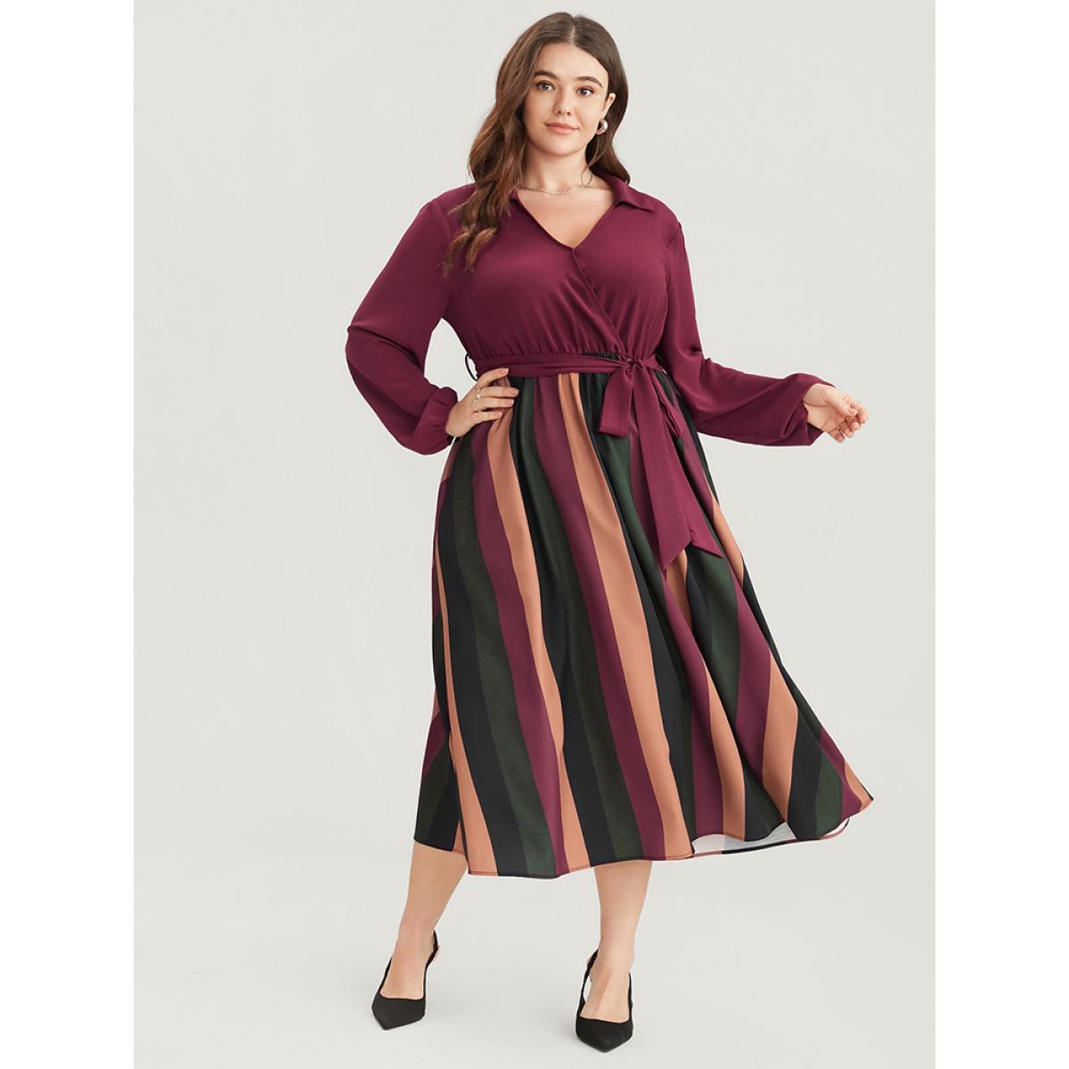 Plus Size Solid Patchwork Wrap Pocket Lantern Sleeve Belted Striped Dress Multicolor Women Office Patchwork V-neck Long Sleeve Curvy Midi Dress BloomChic 28/5X Product Image