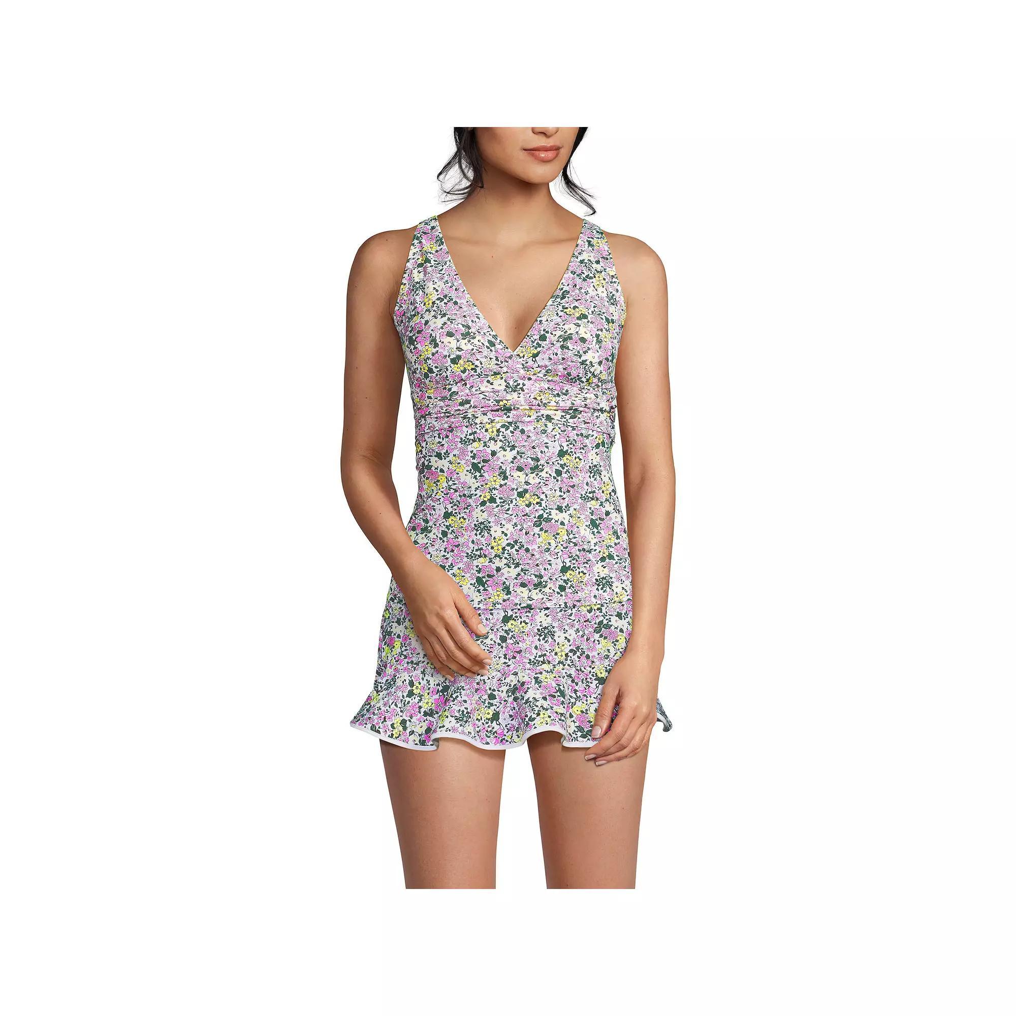 Women's Lands' End V-Neck Plunge X-Back Tankini Top, Size: XL, White Ditsy Floral Product Image