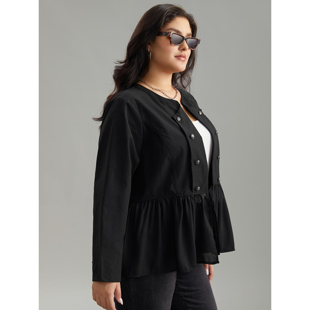 Plus Size Solid Buckle Detail Ruffles Patchwork Jacket Women Black Casual Plain Ladies Dailywear Winter Coats BloomChic 18-20/2X Product Image