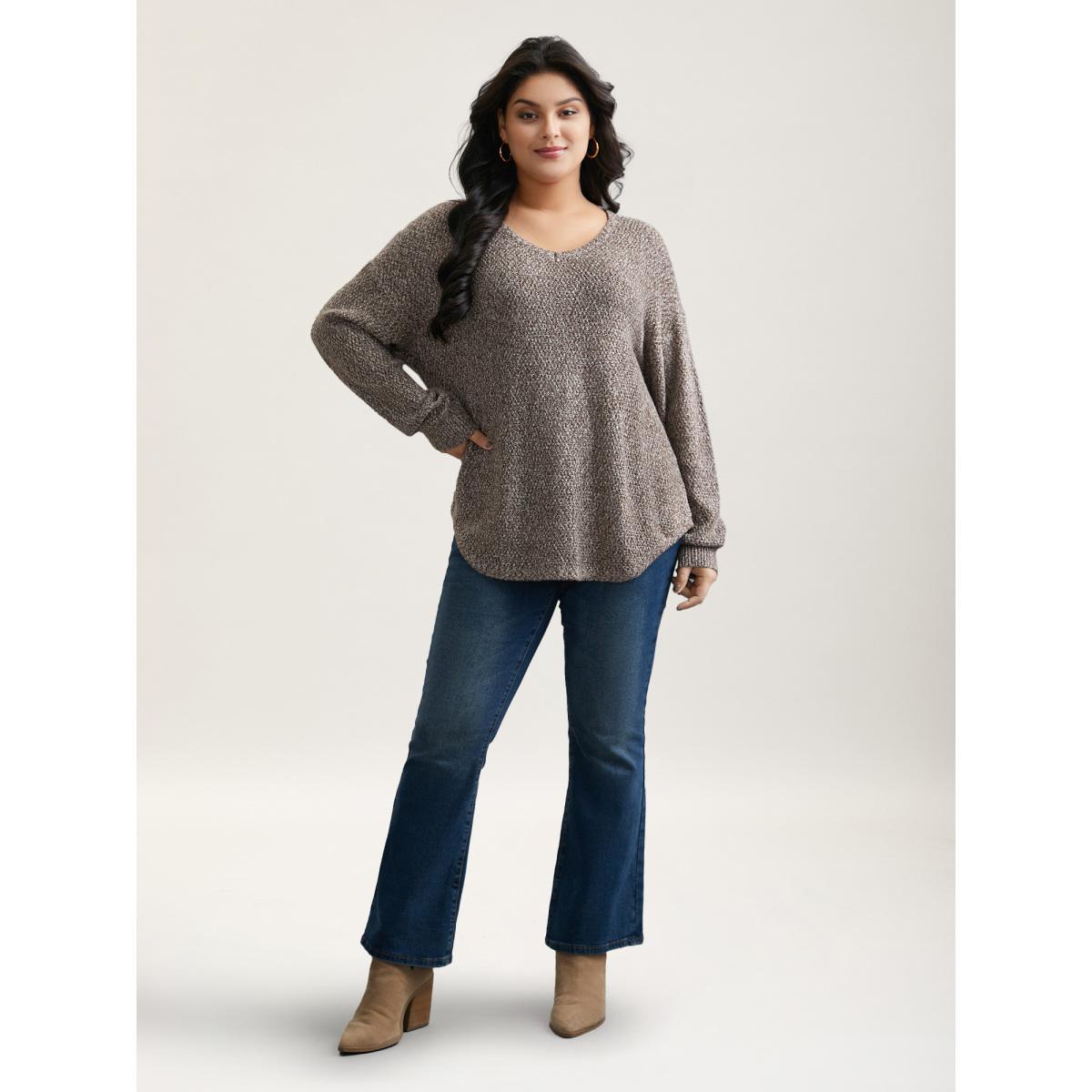 Plus Size Textured V-Neck Curved Hem Pullover DarkBrown Women Casual Loose Long Sleeve V-neck Everyday Pullovers BloomChic 28/5X Product Image