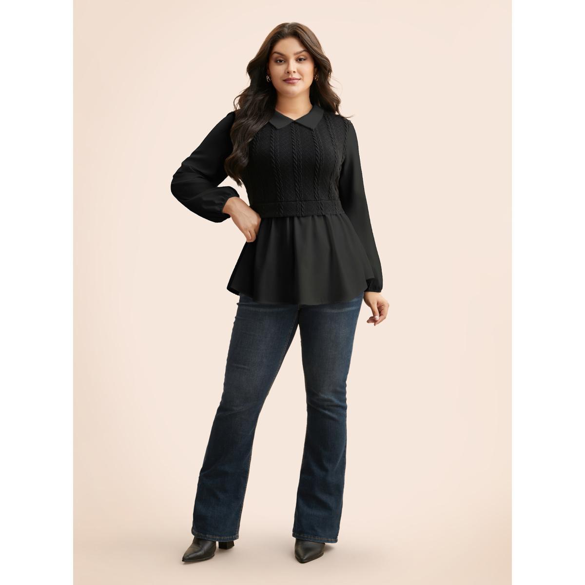 Plus Size Black Peter Pan Collar Patchwork Contrast Blouse Women Elegant Long Sleeve Peter Pan collar Everyday Blouses BloomChic 12/L Product Image