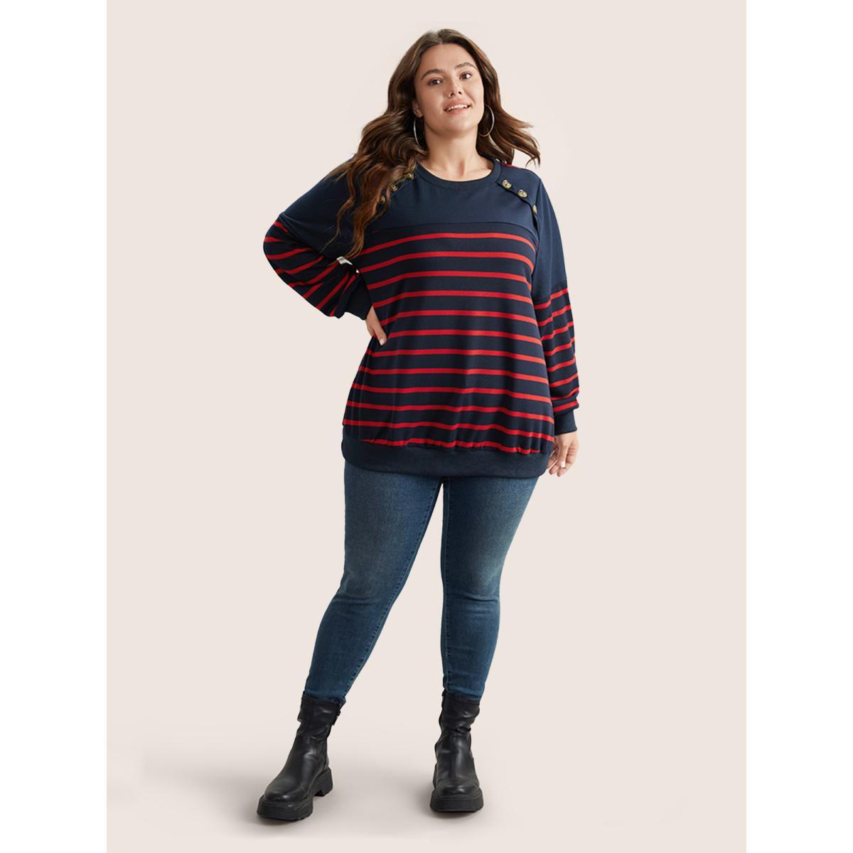 Plus Size Striped Patchwork Button Detail Sweatshirt Women Midnight Casual Non Round Neck Everyday Sweatshirts BloomChic 18-20/2X Product Image