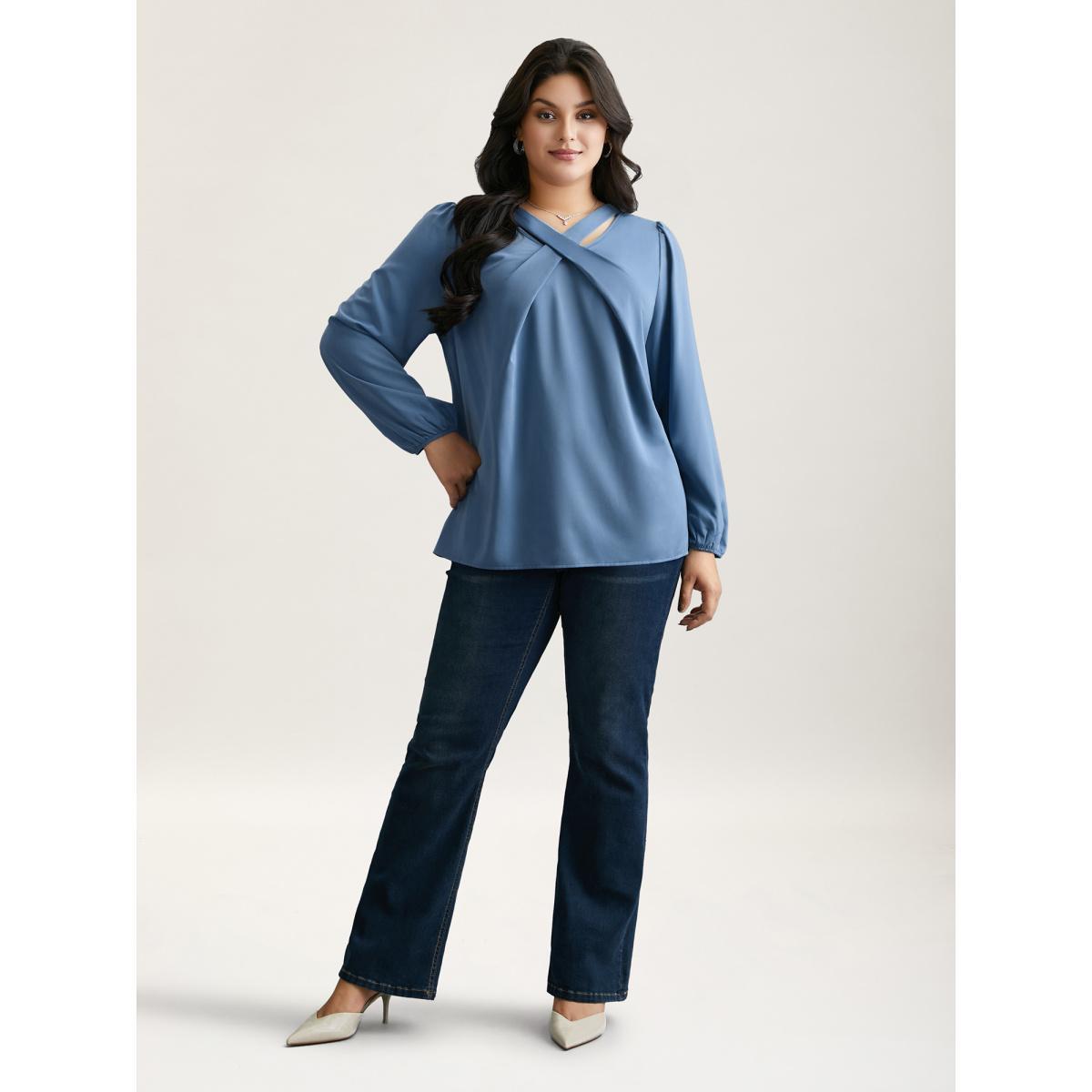 Plus Size Stone Criss Cross Neckline Puff Sleeve Gathered Blouse Women Elegant Long Sleeve Asymmetrical Neck Everyday Blouses BloomChic 10/M Product Image