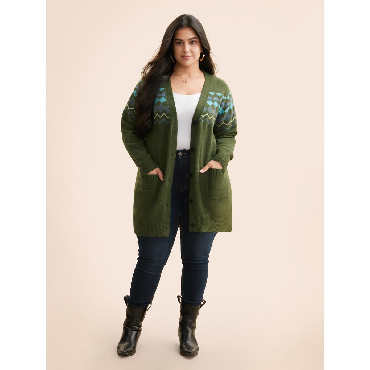 Plus Size Bandana Geometric Patch Pocket Cardigan Moss Women Casual Loose Long Sleeve Everyday Cardigans BloomChic 26/4X Product Image