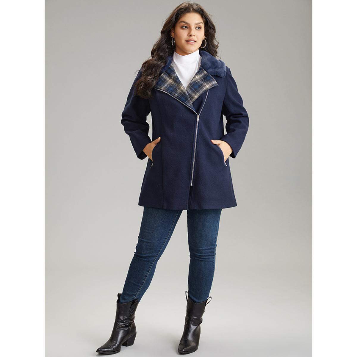 Plus Size Plaid Asymmetrical Lapel Collar Patchwork Fuzzy Trim Coat Women Indigo Casual Lined Ladies Dailywear Winter Coats BloomChic 22-24/3X Product Image