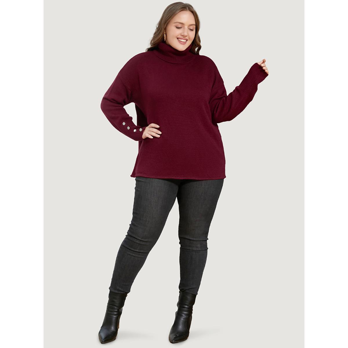 Plus Size Solid Pointelle Knit Button Detail Funnel Neck Knit Top Scarlet Women Casual Loose Long Sleeve Turtleneck Dailywear Pullovers BloomChic 22-24/3X Product Image