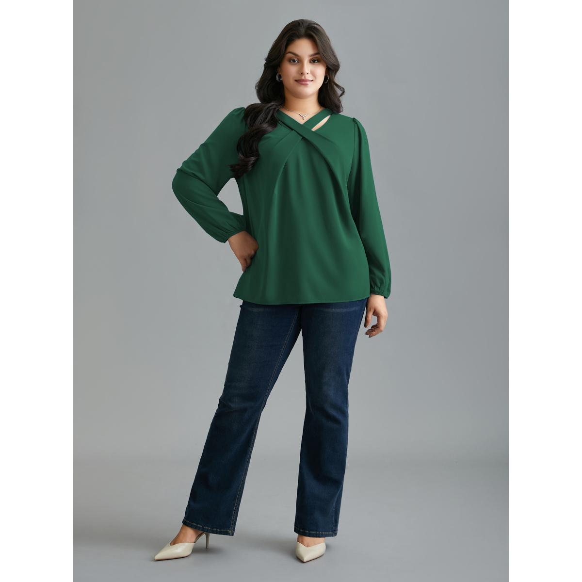 Plus Size DarkGreen Criss Cross Neckline Puff Sleeve Gathered Blouse Women Elegant Long Sleeve Asymmetrical Neck Everyday Blouses BloomChic 10/M Product Image
