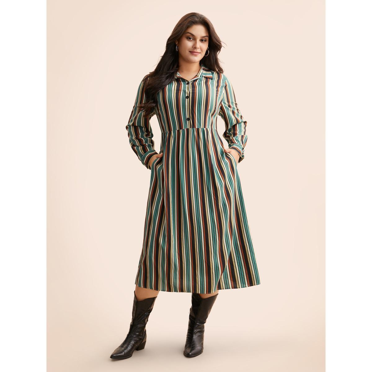 Plus Size Shirt Collar Contrast Striped Midi Dress Multicolor Women Casual Button Shirt collar Long Sleeve Curvy BloomChic 10/M Product Image