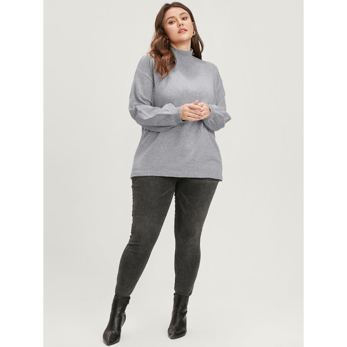 Plus Size Solid Pointelle Knit Lantern Sleeve Mock Neck Heather Knit Top LightGray Women Casual Long Sleeve Mock Neck Dailywear Pullovers BloomChic 14-16/1X Product Image
