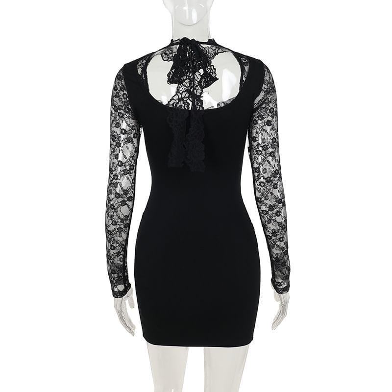 Long-Sleeve Halter Cutout Floral Lace Panel Mini Sheath Dress Product Image