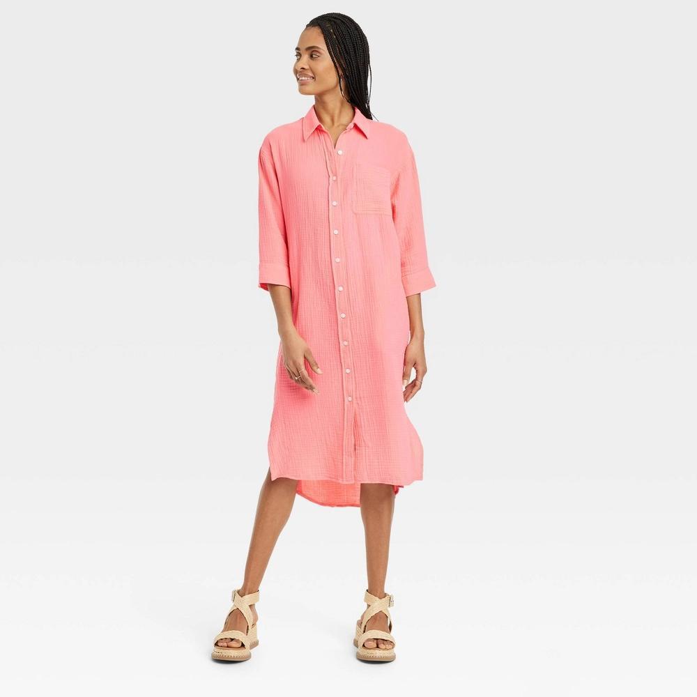 Women's 3/4 Sleeve Midi Shirtdress - Universal Thread™ Coral XL: Cotton, Lightweight, Front Button Down, Seam Pocket Product Image