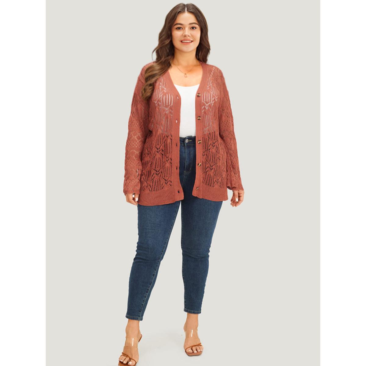 Plus Size Hollow Out Button Down Bell Sleeve Cardigan Rust Women Casual Loose Long Sleeve Everyday Cardigans BloomChic 10/M Product Image