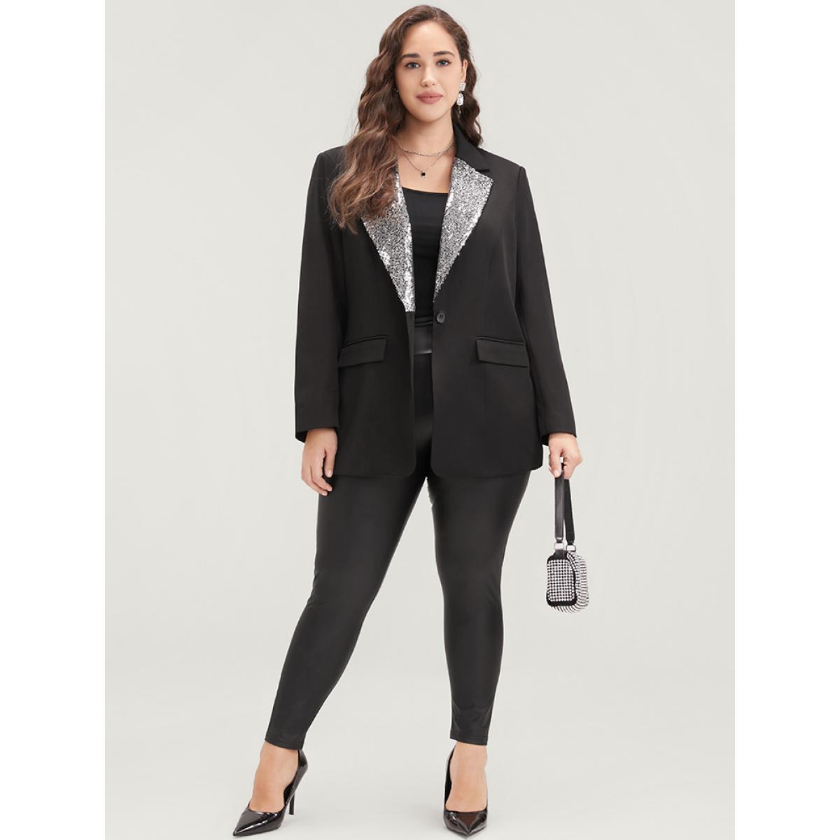 Plus Size Contrast Sequin Suit Collar Flap Pocket Blazer Black Women Going out Plain Patchwork Sleeve Long Sleeve Suit Collar 30/6X Pocket Party Blazers BloomChic Product Image