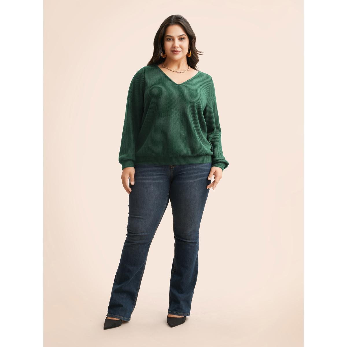 Plus Size Textured Contrast Tie Knot Sweatshirt Women Burgundy Elegant Tie knot V-neck Everyday Sweatshirts BloomChic 28/5X Product Image