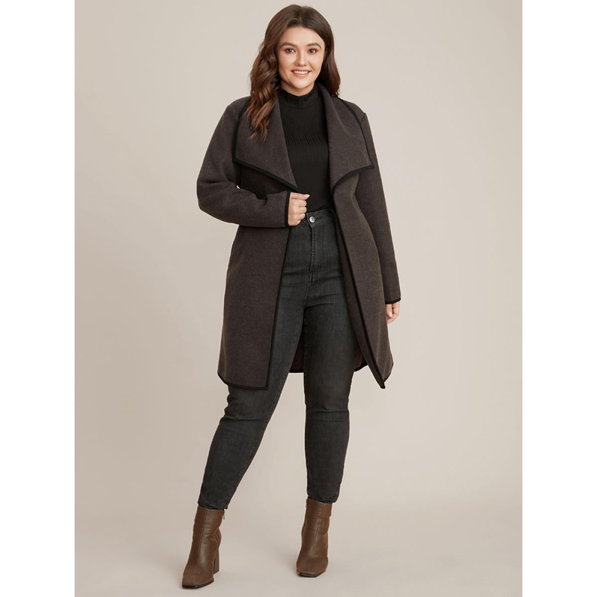 Plus Size Contrast Trim Pocket Belted Lapel Collar Coat Women DarkBrown Office Belted Ladies Work Winter Coats BloomChic 28/5X Product Image
