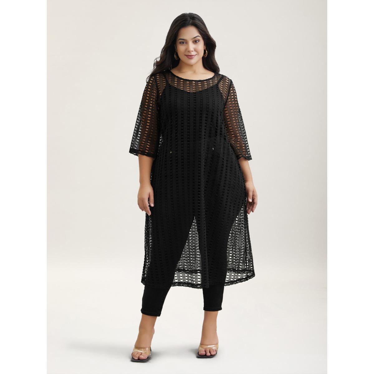 Plus Size Textured Sheer Round Neck Midi Dress Black Women Casual Cut-Out Knit Dresses Bloomchic 26/4X Product Image