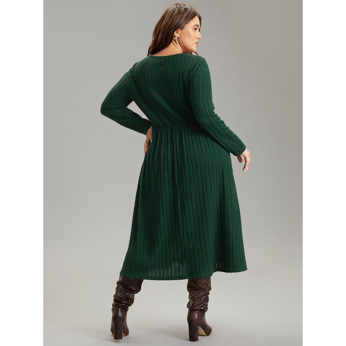 Plus Size Rib Knit Plain Notched Pocket Dress DarkGreen Women Work From Home Rib Knit Notched collar Long Sleeve Curvy Midi Dress BloomChic 10/M Product Image