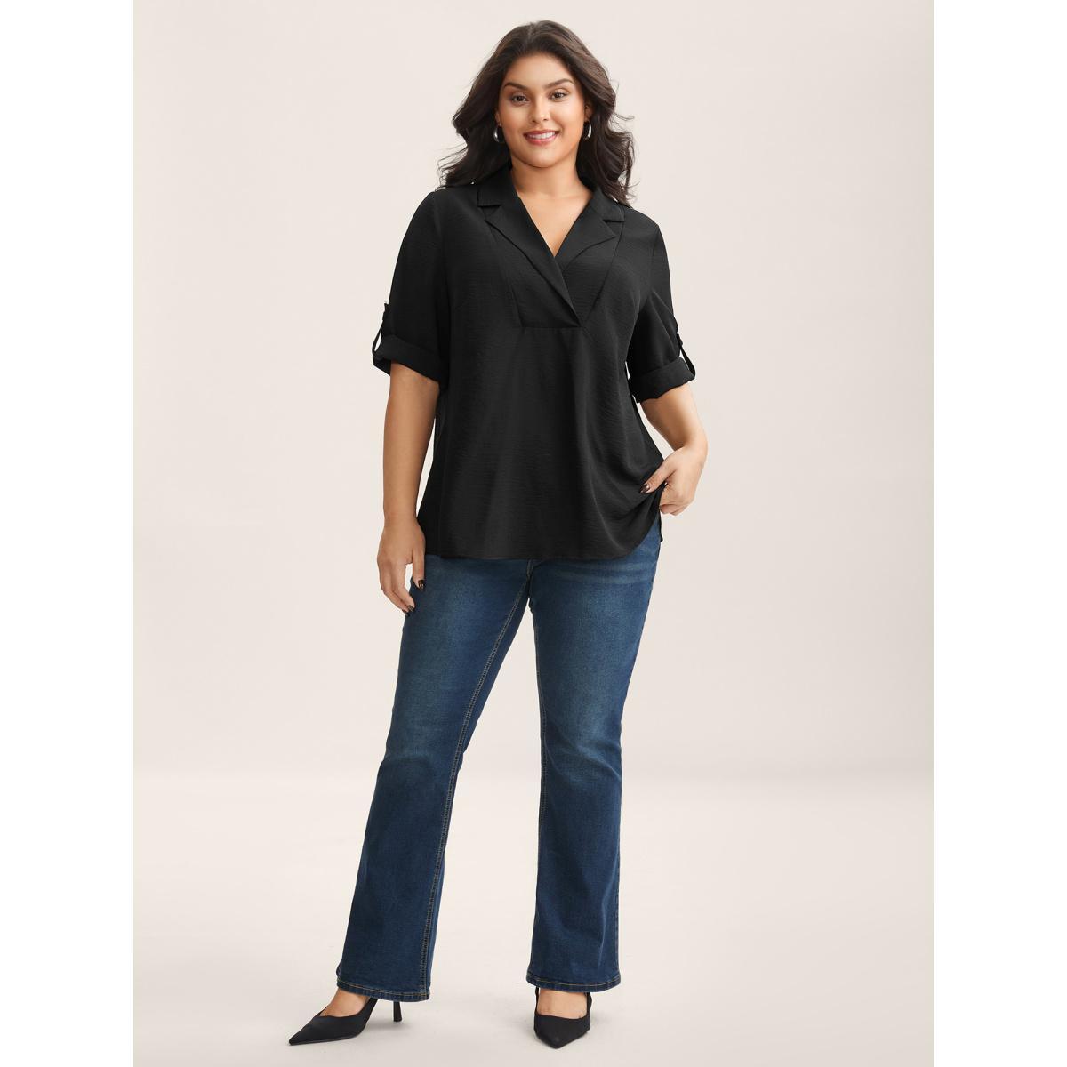 Plus Size Black Tab Sleeve Blazer Collar Blouse Women Elbow-length sleeve Lapel Collar Work Blouses BloomChic 22-24/3X Product Image