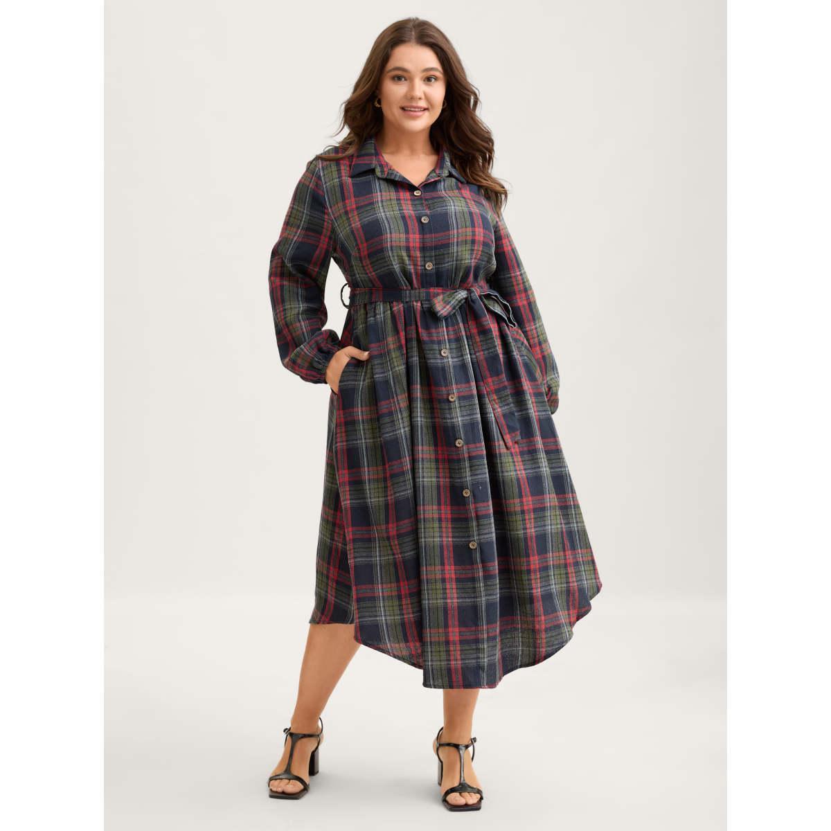 Plus Size Plaid Button Detail Pocket Belted Arc Hem Dress DarkBlue Women Casual Pocket Shirt collar Long Sleeve Curvy Midi Dress BloomChic 18-20/2X Product Image