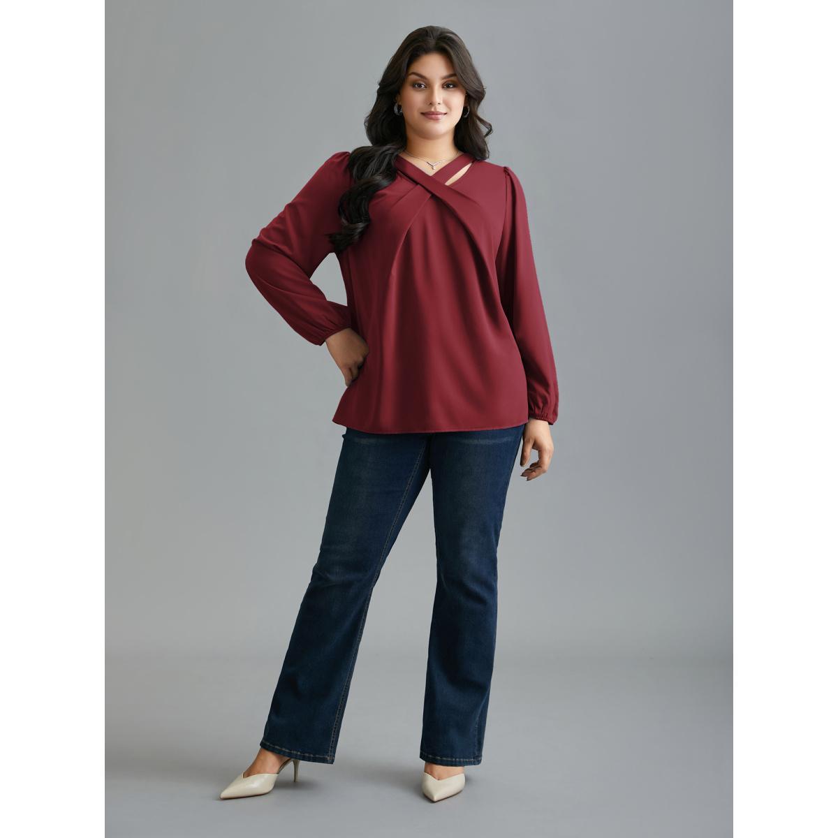 Plus Size Burgundy Criss Cross Neckline Puff Sleeve Gathered Blouse Women Elegant Long Sleeve Asymmetrical Neck Everyday Blouses BloomChic 12/L Product Image