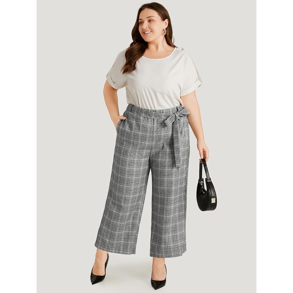Plus Size Gingham Pocket Belted Wide leg Pants Women Black Office Straight Leg High Rise Work Pants BloomChic 10/M Product Image