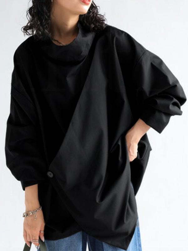 Long Sleeves Loose Solid Color High Neck T-Shirts Tops Product Image