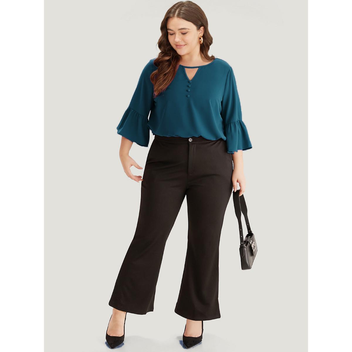 Plus Size Cyan Plain Keyhole Bell Sleeve Button Detail Blouse Women Office Elbow-length sleeve V-neck Work Blouses BloomChic 18-20/2X Product Image