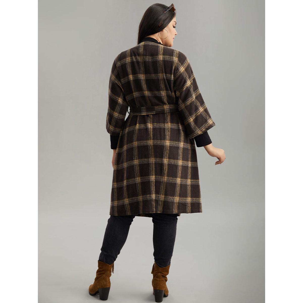 Plus Size Plaid Asymmetrical Neck Dolman Sleeve Belted Coat Women DarkBrown Elegant Belted Ladies Dailywear Winter Coats BloomChic 14-16/1X Product Image
