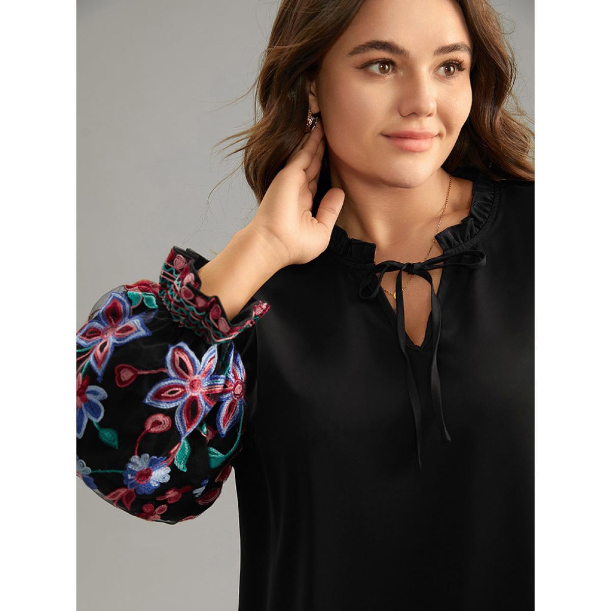 Plus Size Black Floral Embroidered Mesh Tie Neck Ruffles Blouse Women Elegant Long Sleeve Tie Neck Party Blouses BloomChic 14-16/1X Product Image