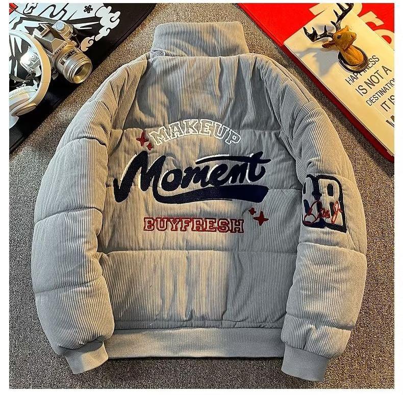 Stand Collar Lettering Embroidered Corduroy Zip Puffer Jacket Product Image