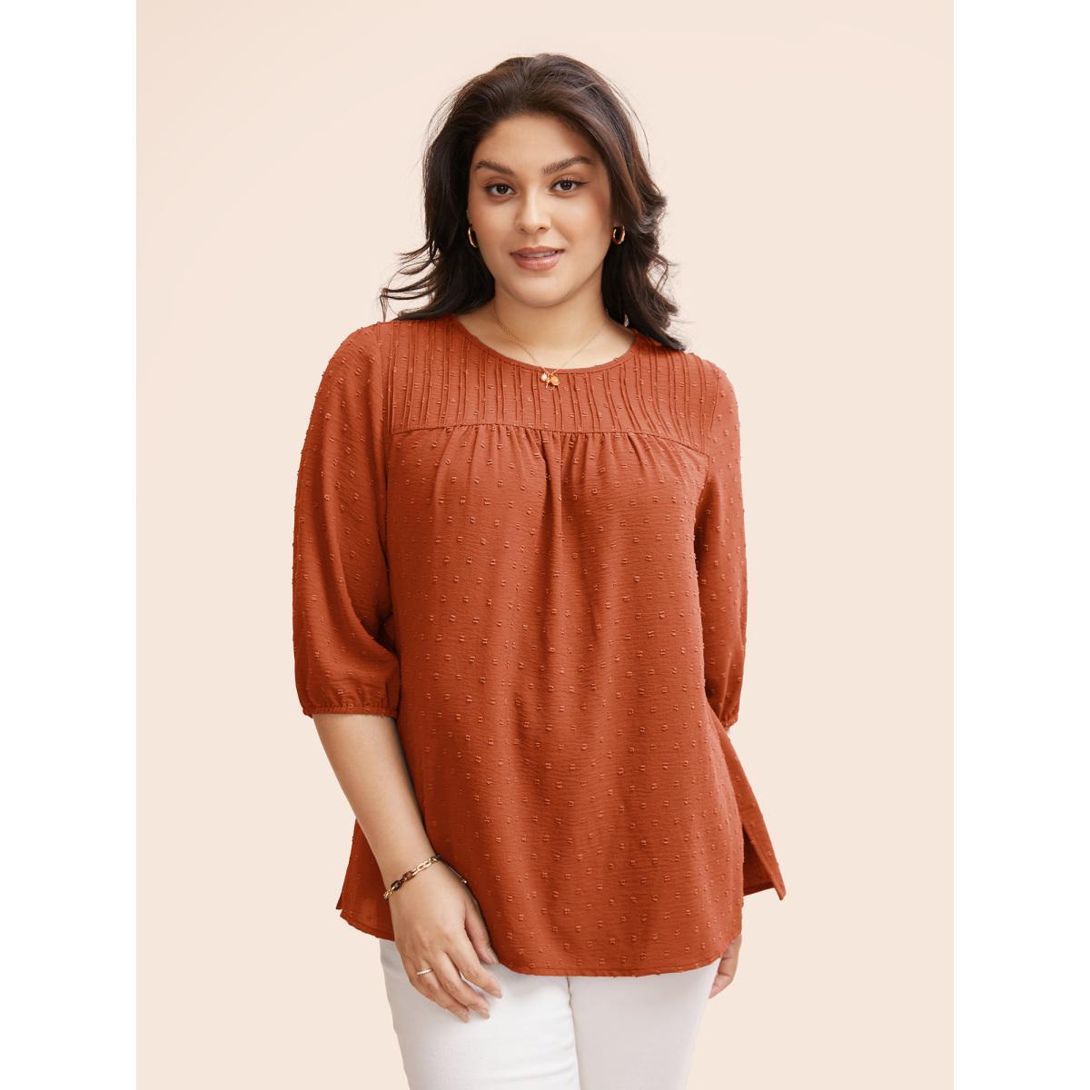 Plus Size Rust Texture Round Neck Pleated Lantern Sleeve Blouse Women Elegant Elbow-length sleeve Round Neck Everyday Blouses BloomChic 30/6X Product Image