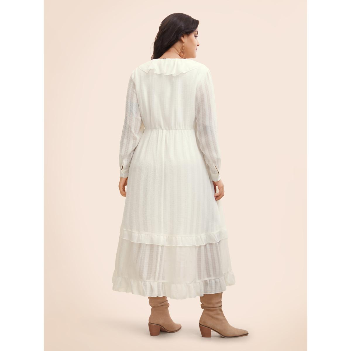 Plus Size Chiffon Lotus Leaf Collar Tiered Midi Dress Ivory Women Resort Texture V-neck Long Sleeve Curvy BloomChic 30/6X Product Image