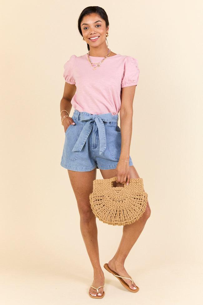 Wherever You Are Light Wash Belted Denim Shorts SALE Product Image