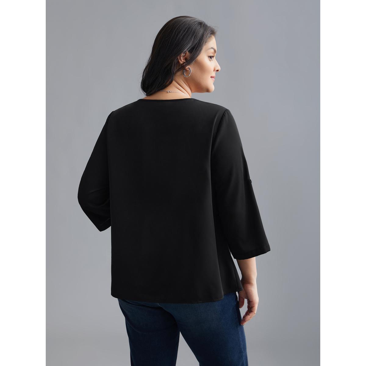 Plus Size Black Plain V Neck Half Zip Tab Sleeve Blouse Women Elegant Elbow-length sleeve V-neck Everyday Blouses BloomChic 30/6X Product Image