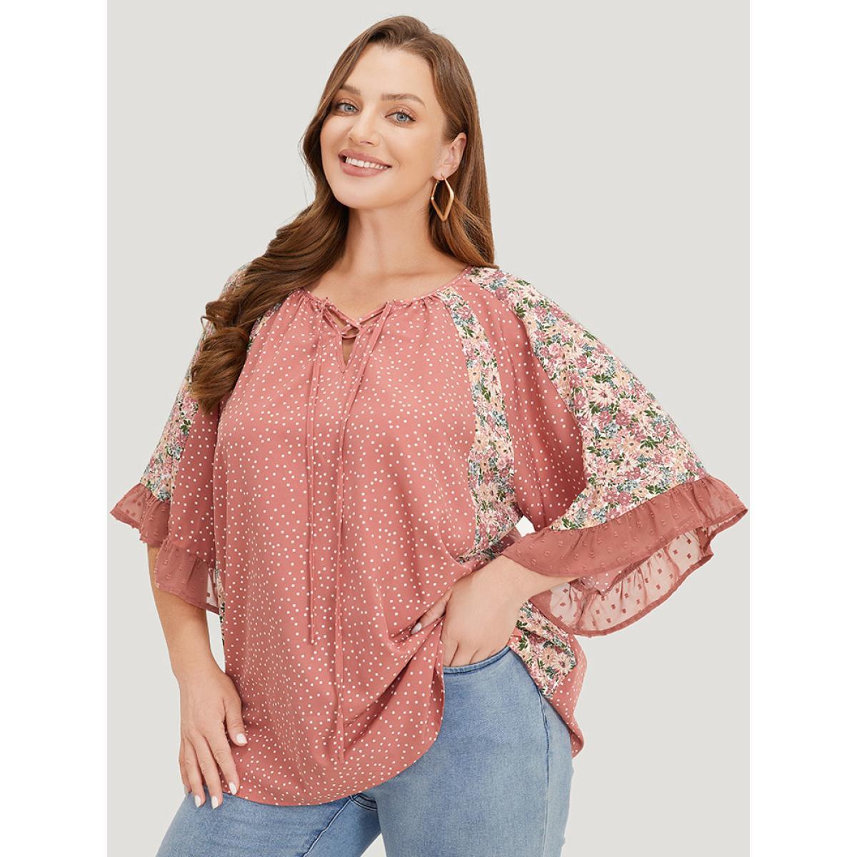 Plus Size Rouge Polka Dot & Ditsy Floral Flounce Sleeve Lace Up Blouse Women Elegant Half Sleeve Tie Neck Dailywear Blouses BloomChic 14-16/1X Product Image