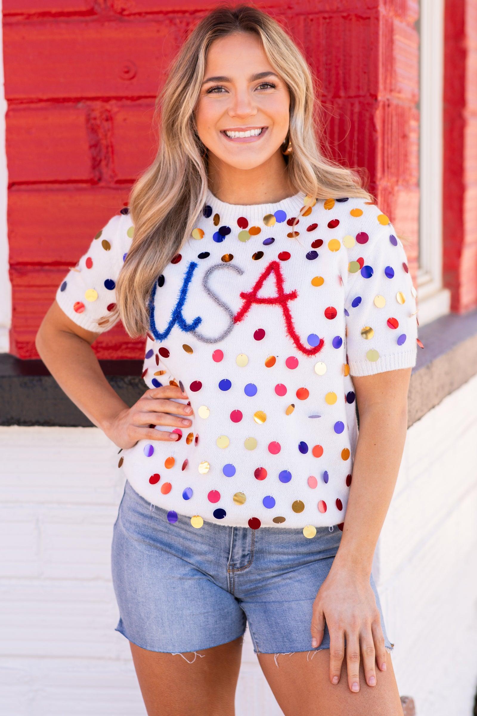 White Paillette USA Lightweight Sweater Product Image