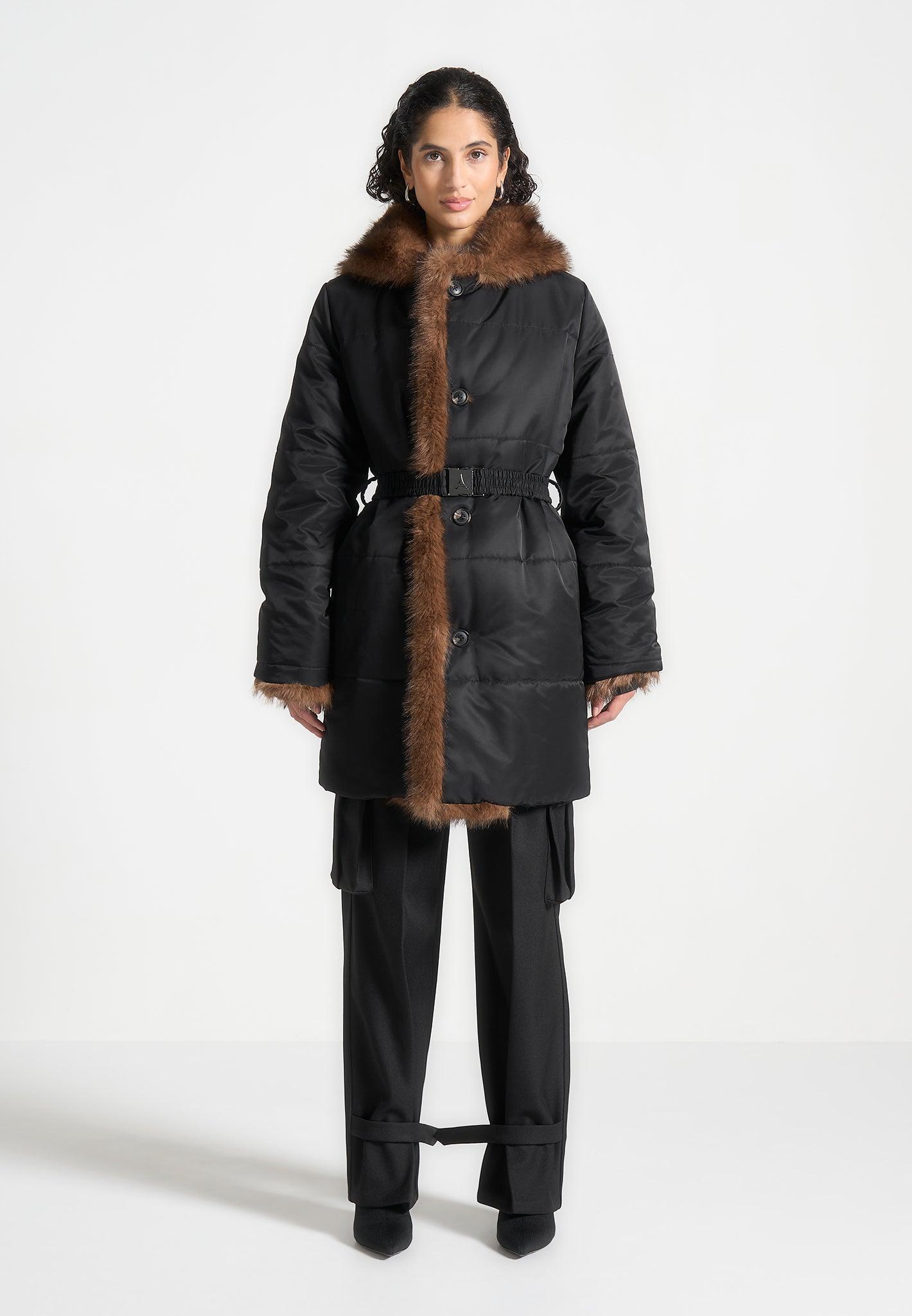Fur Longline Belted Coat - Black Female Product Image