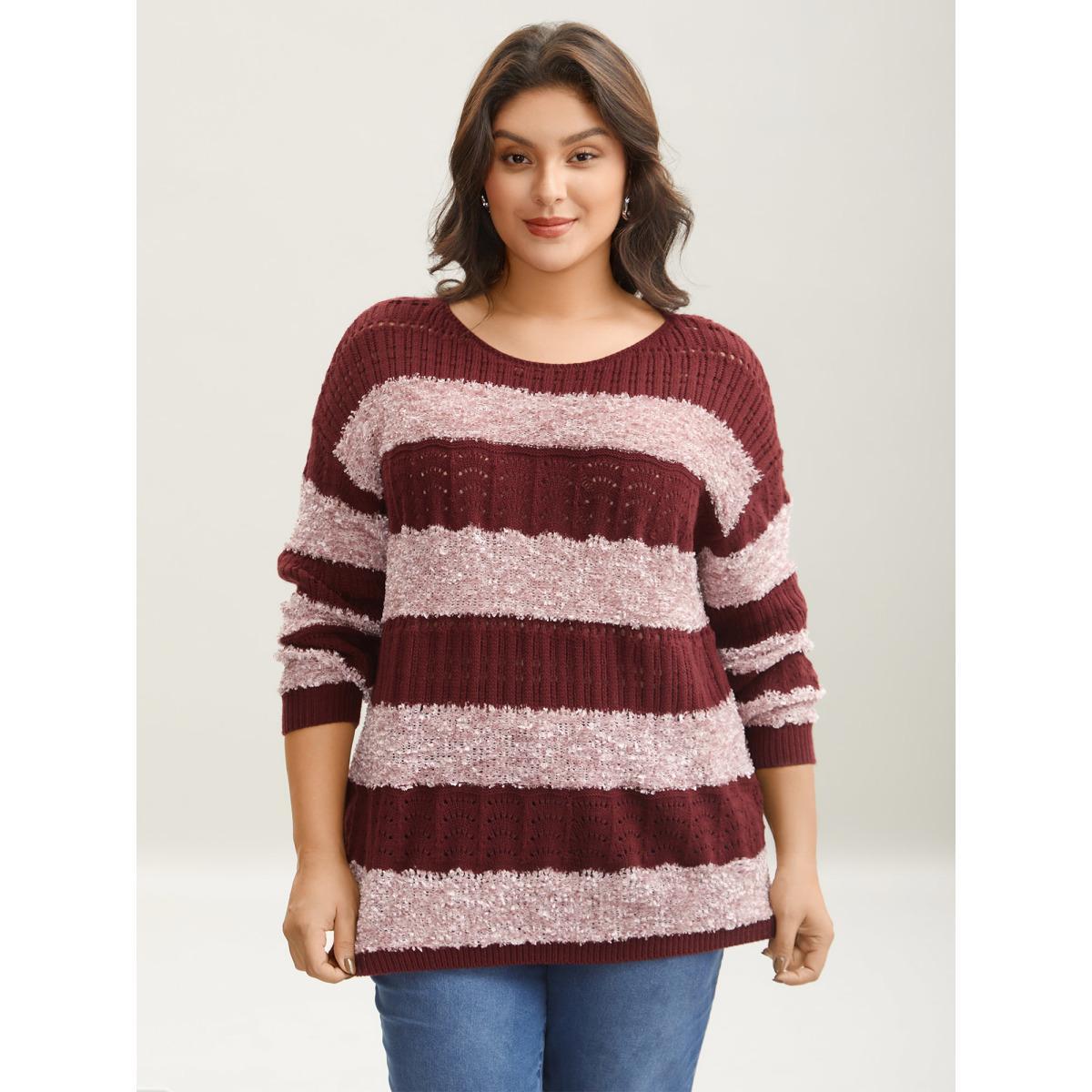 Plus Size Striped Color-Block Textured Pullover Deepred Women Casual Loose Long Sleeve Round Neck Everyday Pullovers BloomChic 18-20/2X Product Image