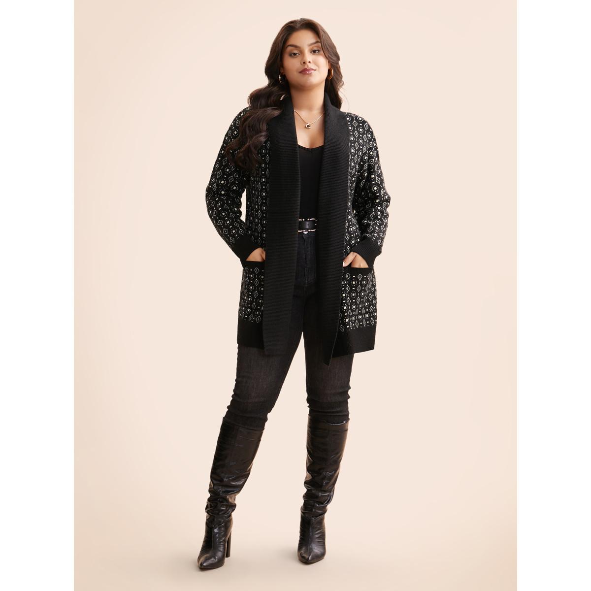 Plus Size Supersoft Essentials Geometric Jacquard Drop Shoulder Cardigan Black Women Casual Loose Long Sleeve Everyday Cardigans BloomChic 14-16/1X Product Image
